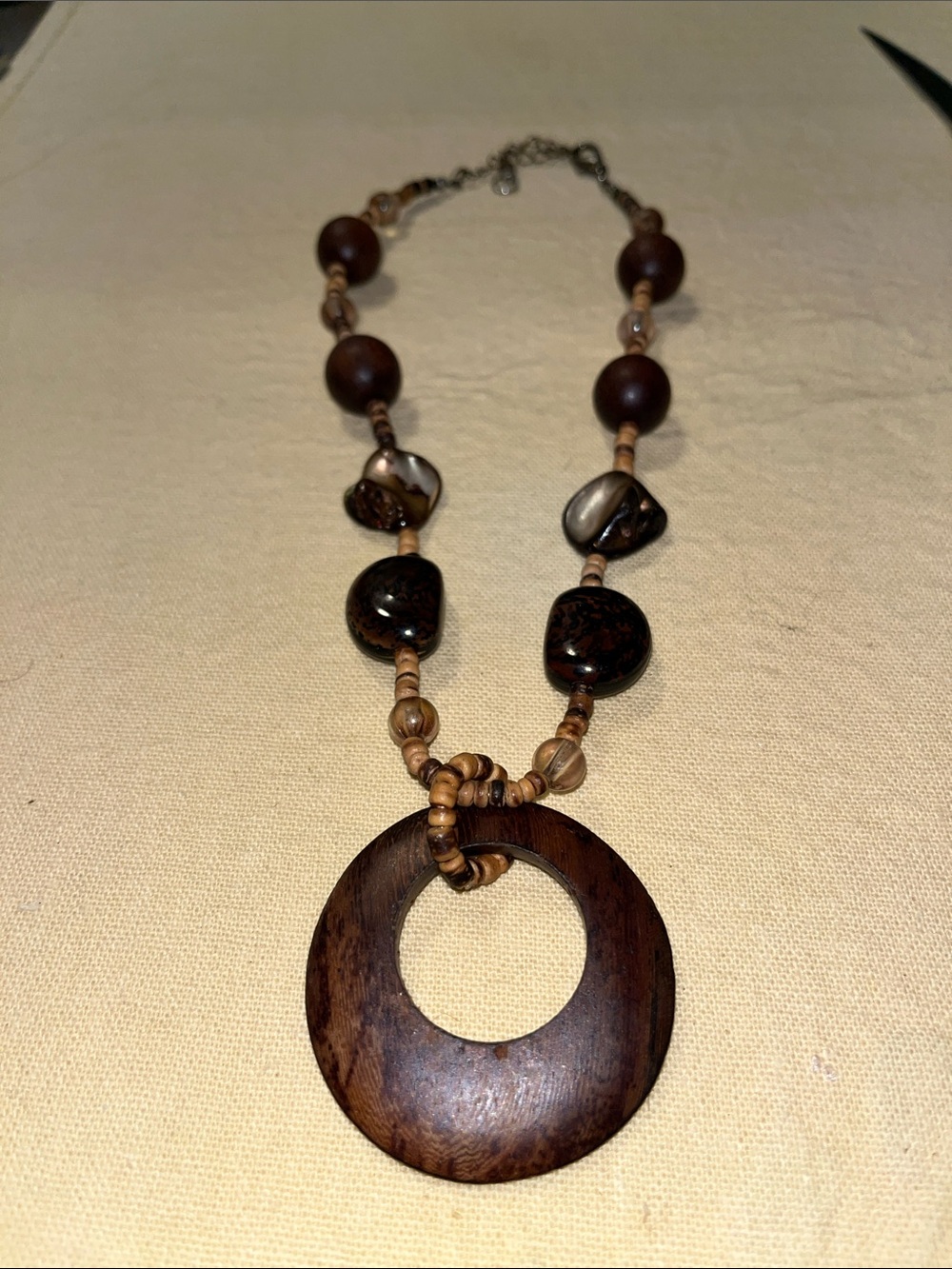 Handcrafted Brown Wood Beaded Pendant Necklace 10” fully clasped.